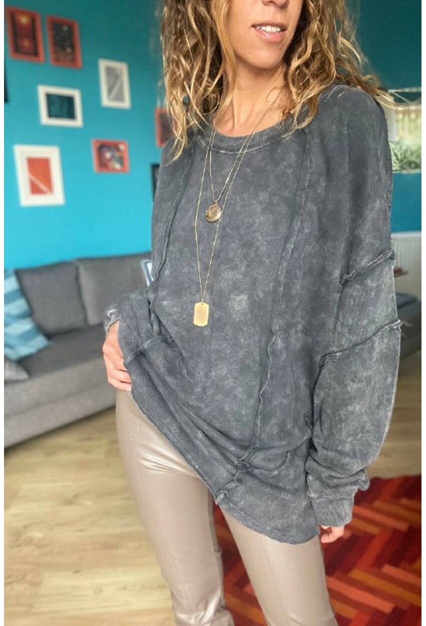 Kadın Antrasit Yıkamalı Lazer Dikişli Oversize Salaş Uzun Sweatshirt Rsd3057