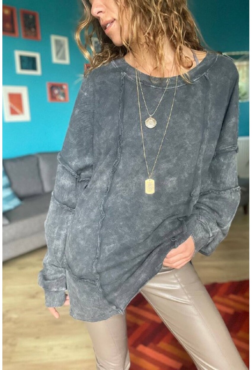 Kadın Antrasit Yıkamalı Lazer Dikişli Oversize Salaş Uzun Sweatshirt Rsd3057