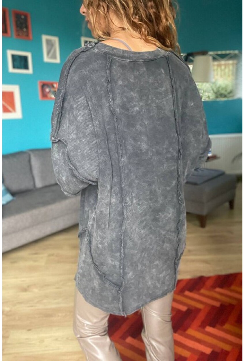 Kadın Antrasit Yıkamalı Lazer Dikişli Oversize Salaş Uzun Sweatshirt Rsd3057