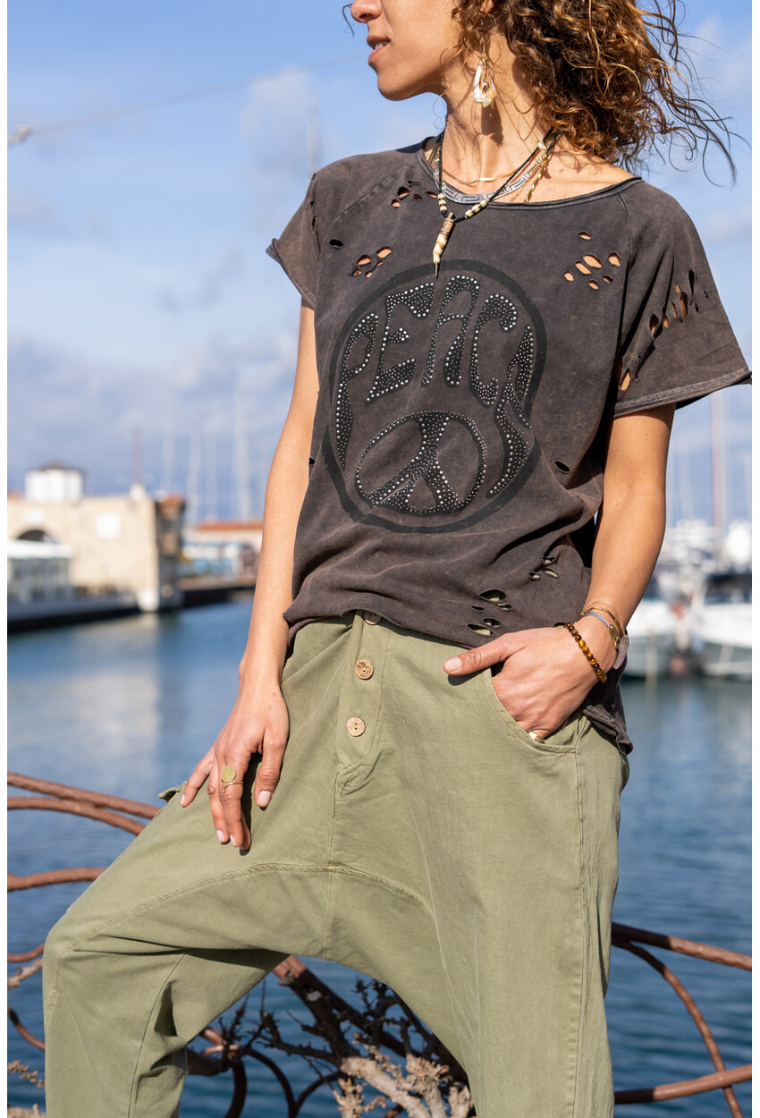 Kadın Antrasit Yıkamalı Yırtıklı Baskılı Salaş T-Shirt RSD3001