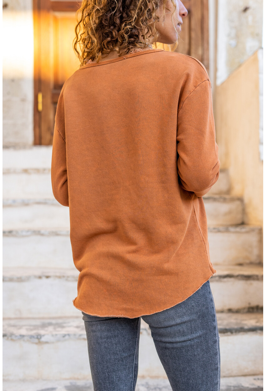 Womens Copper Laser Asymmetrical Cut Washed Printed Sweatshirt RSD2006