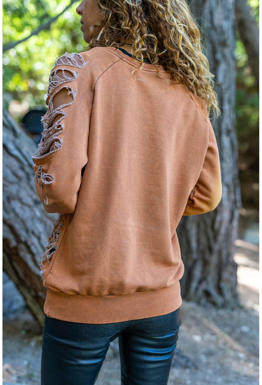 Kadın Bakır Yıkamalı Yırtıklı Pul İşlemeli Sweatshirt Rsdy110
