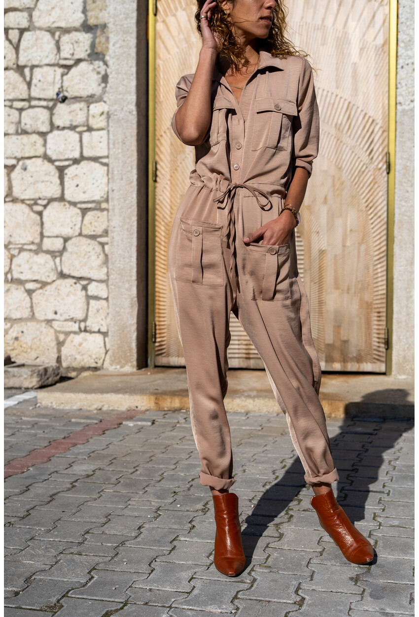 Kadın Bej Airobin Cepli Kemerli Safari Tulum GK-BST3164