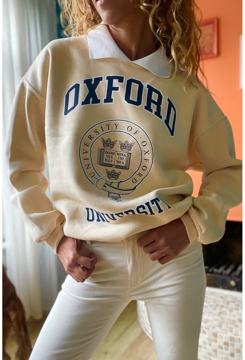 Kadın Bej Baskılı Yakalı Üç İplik Oversize Sweatshirt Son4
