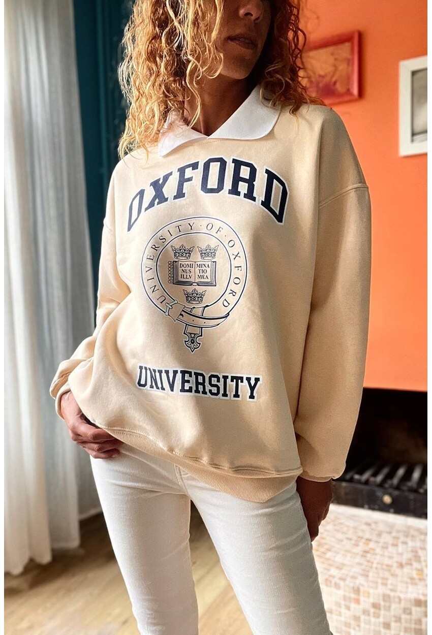 Kadın Bej Baskılı Yakalı Üç İplik Oversize Sweatshirt Son4