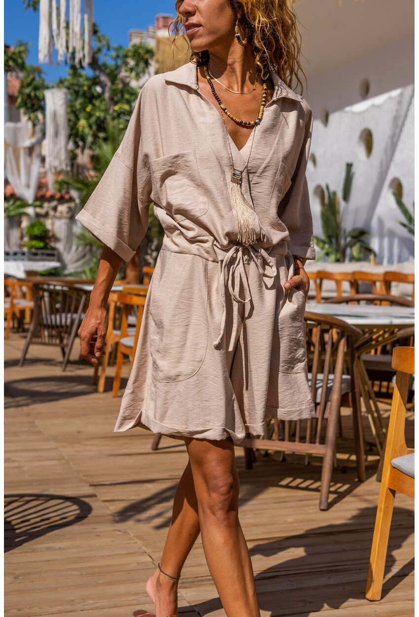 Womens Beige Waist Pleated Belted Double Pocket Loose Linen Jumpsuit BST3163