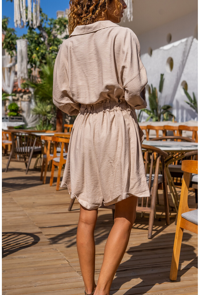 Womens Beige Waist Pleated Belted Double Pocket Loose Linen Jumpsuit BST3163