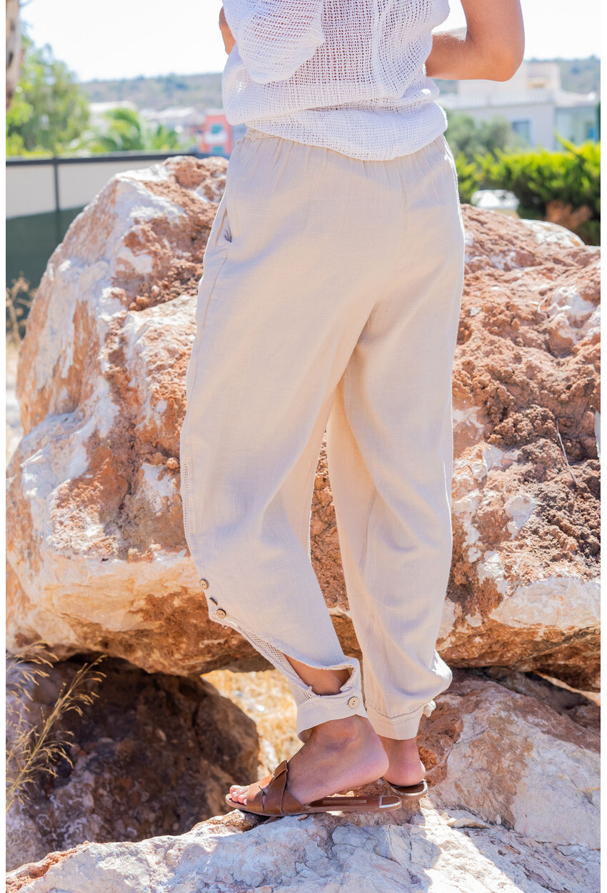 Womens Beige Waist Elastic Waist Buttoned Mesh Linen Shalwar Trousers Rsd3038