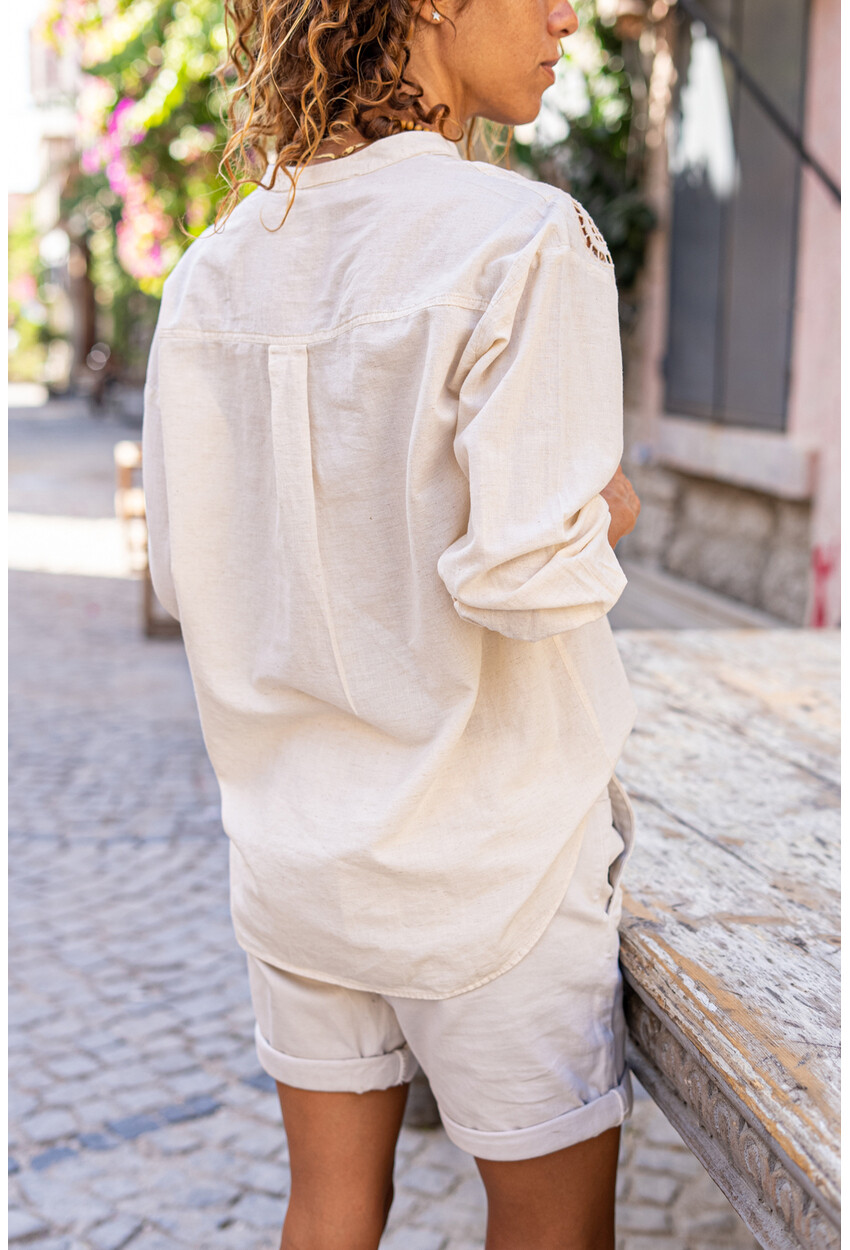 Womens Beige Brode Detailed Linen Textured Shirt AYN1807