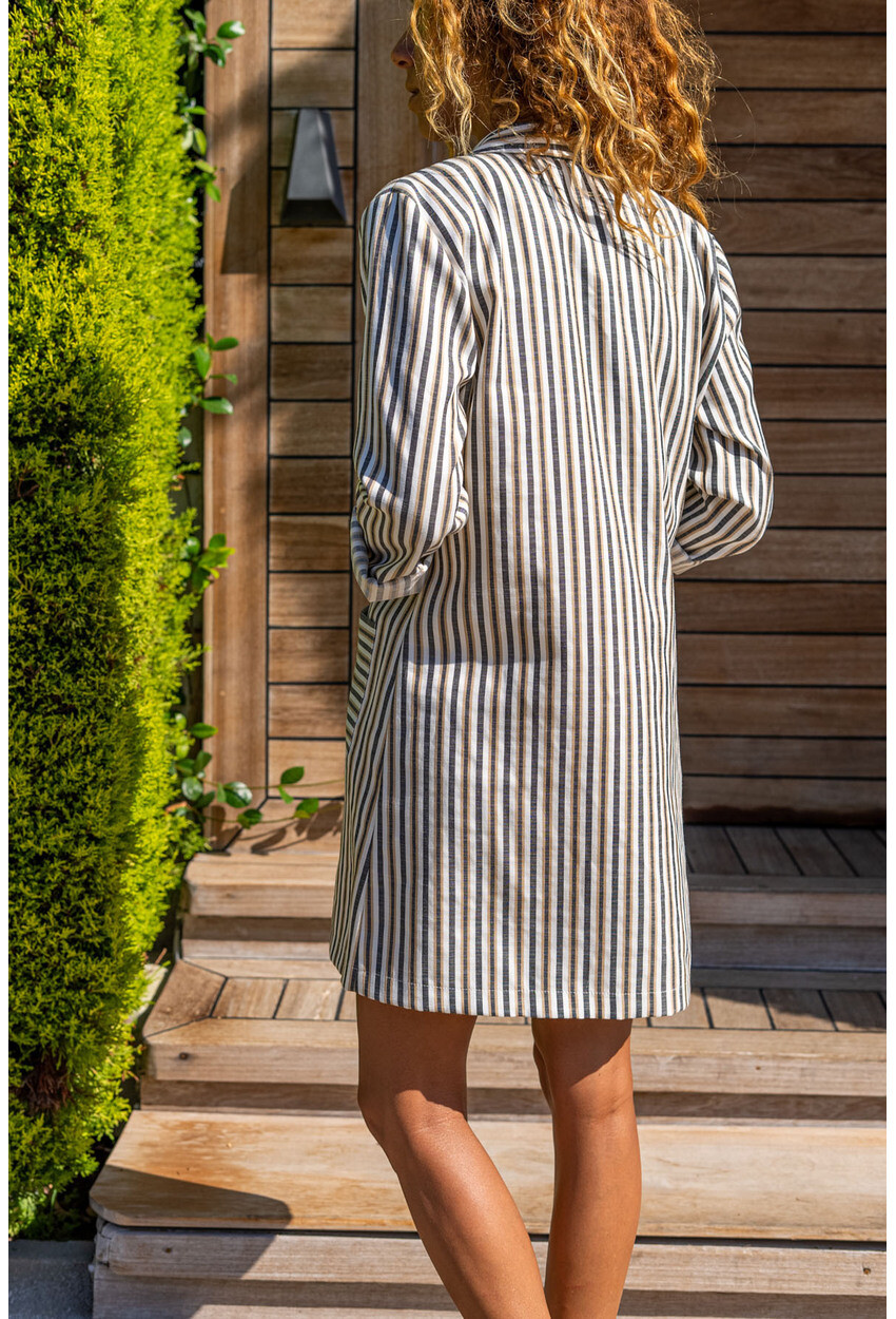 Womens Beige Pocket Asymmetrical Striped Long Boyfriend Jacket Bst3272
