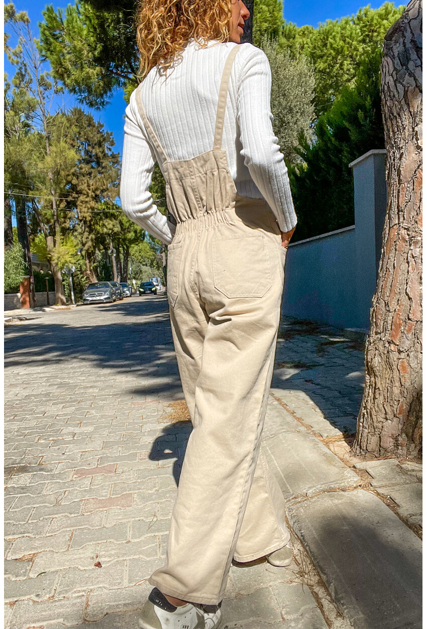 Kadın Bej Cepli Beli Lastikli Bol Paça Kargo Salopet Tulum Cm250