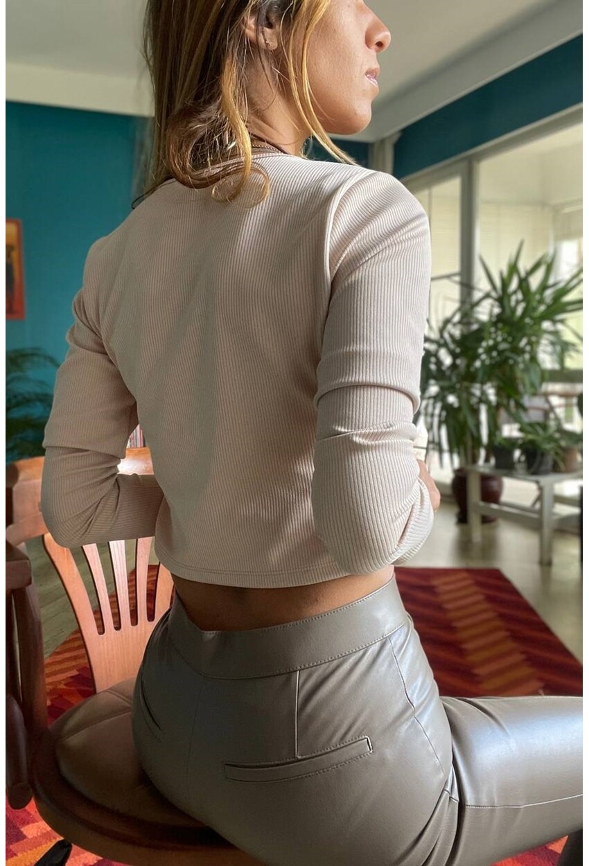 Kadın Bej Fermuarlı Kaşkorse Likralı Crop Bluz Bst3323