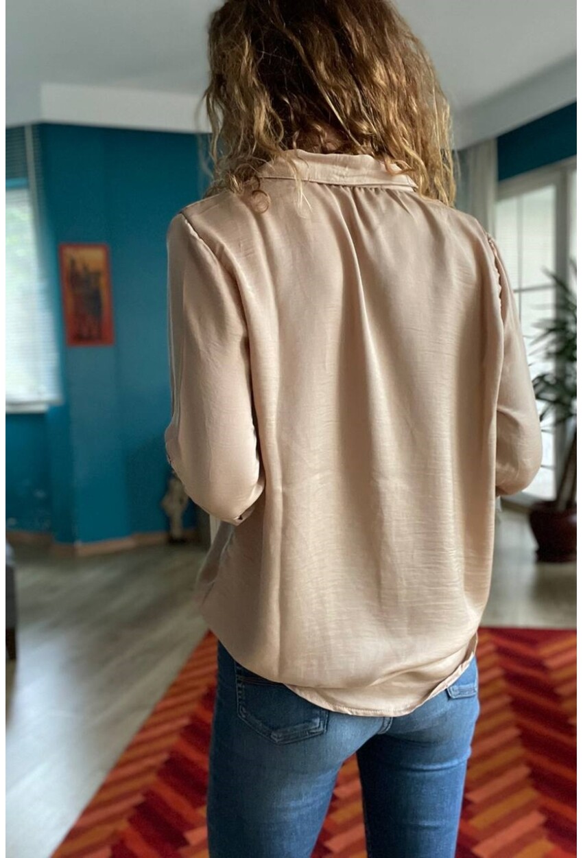 Kadın Bej Gizli Pat Saten Gömlek Bst3211