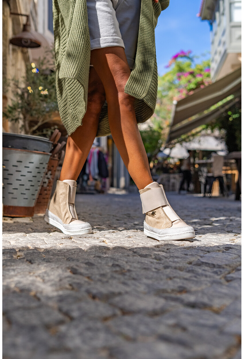 Guki35 Kadın Bej-Gold Günlük Rahat Vegan Compassion High Top Sneaker Gk-Puppis046