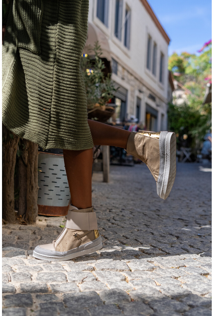 Guki35 Kadın Bej-Gold Günlük Rahat Vegan Compassion High Top Sneaker Gk-Puppis046