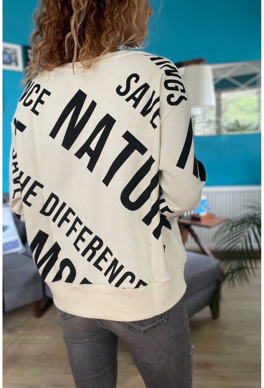 Kadın Bej Harf Baskılı Salaş Sweatshirt Xt1