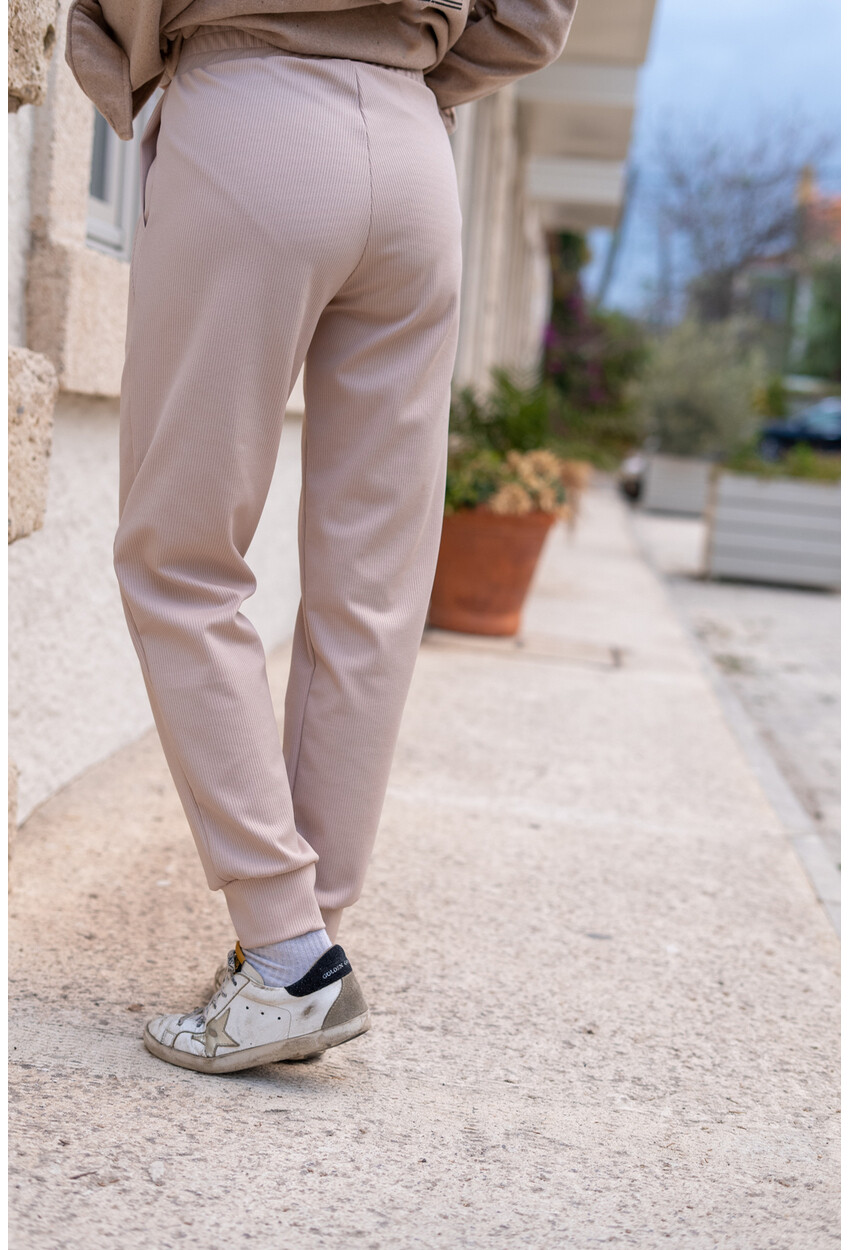 Kadın Bej Kendinden Dokulu Cepli Beli Paçası Lastikli Jogger Pantolon Bst3325