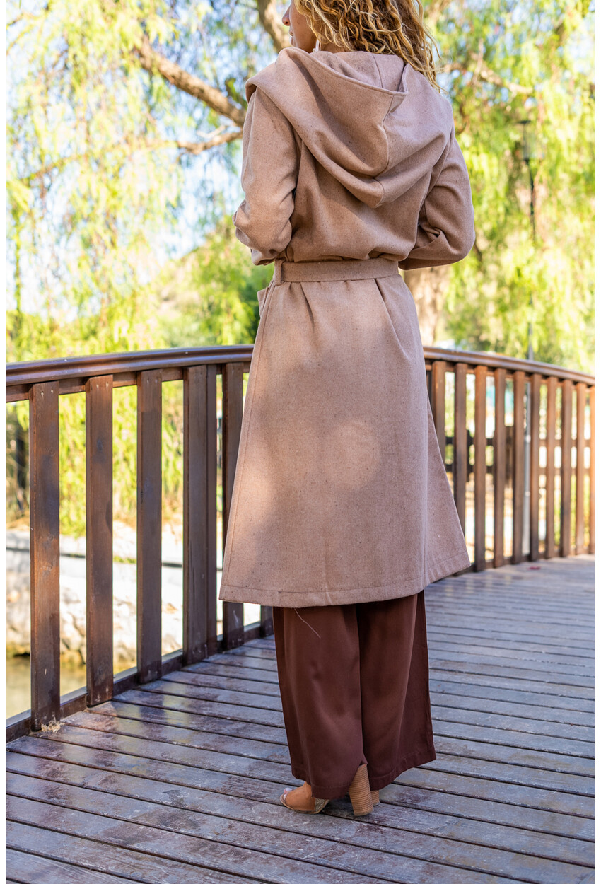 Kadın Bej Kendinden Kemerli Kapüşonlu Salaş Kaşe Kaban Bst3269