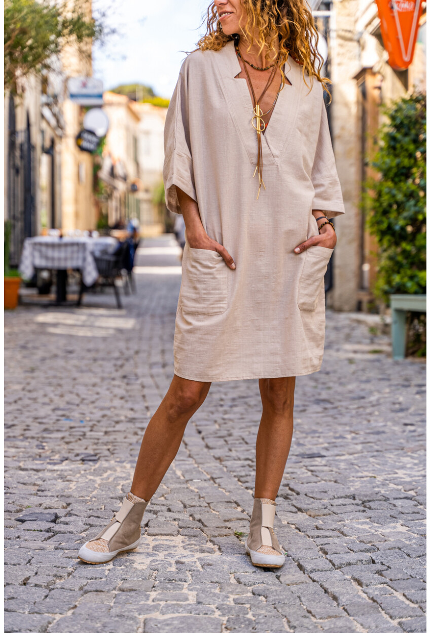 Kadın Bej Keten V Yaka Cepli Elbise 1St10