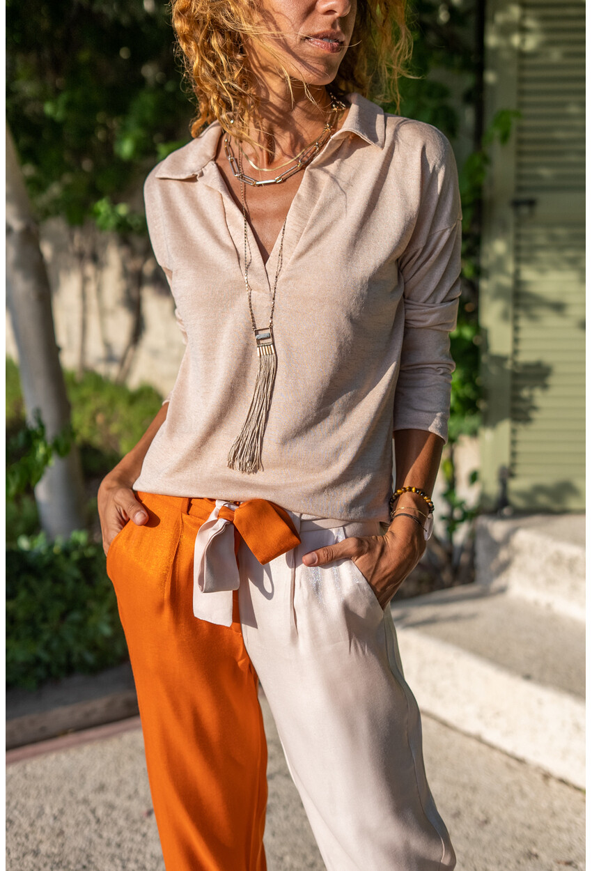 Womens Beige Polo Neck Linen Blouse BST2940