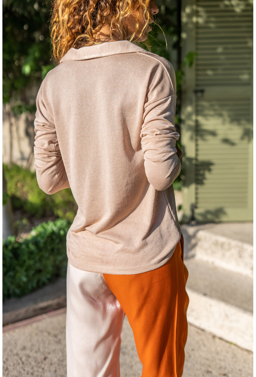 Womens Beige Polo Neck Linen Blouse BST2940