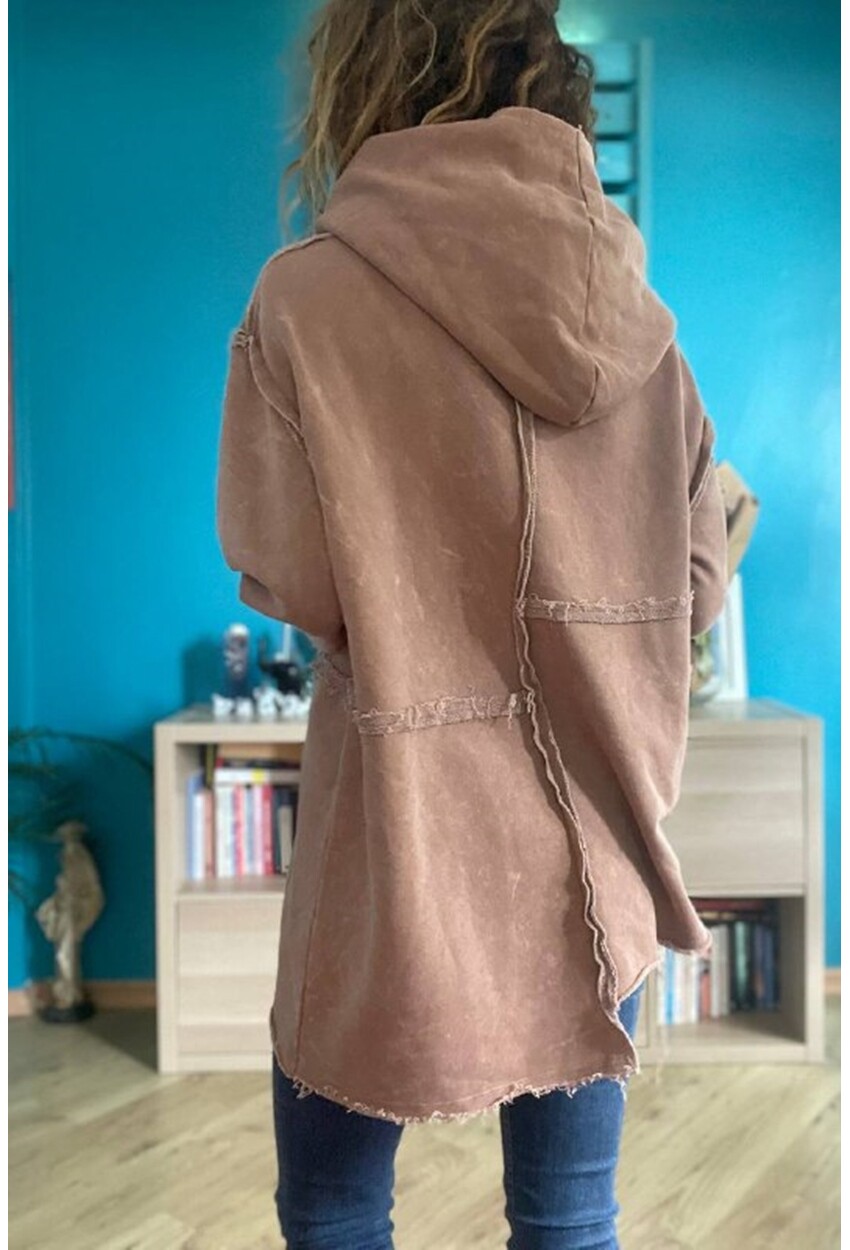 Kadın Bej Yıkamalı Kapüşonlu Asimetrik Kesim Parçalı Oversize Sweatshirt Rsd3055