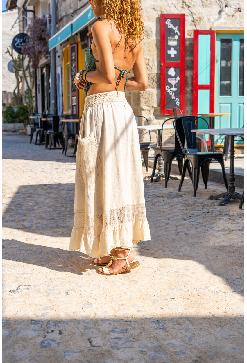 Womens Beige Washed Linen Waist Gipe Elastic Mesh Detailed Flywheel Loose Long Skirt Rsd3028
