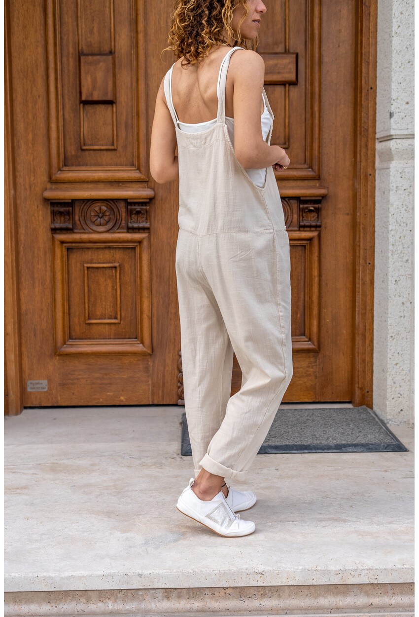 Womens Beige Washed Linen Pocket Loose Rompers Gk-Rsd3012