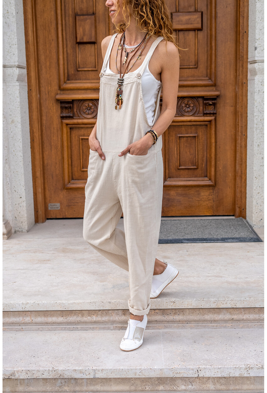 Womens Beige Washed Linen Pocket Loose Rompers Gk-Rsd3012