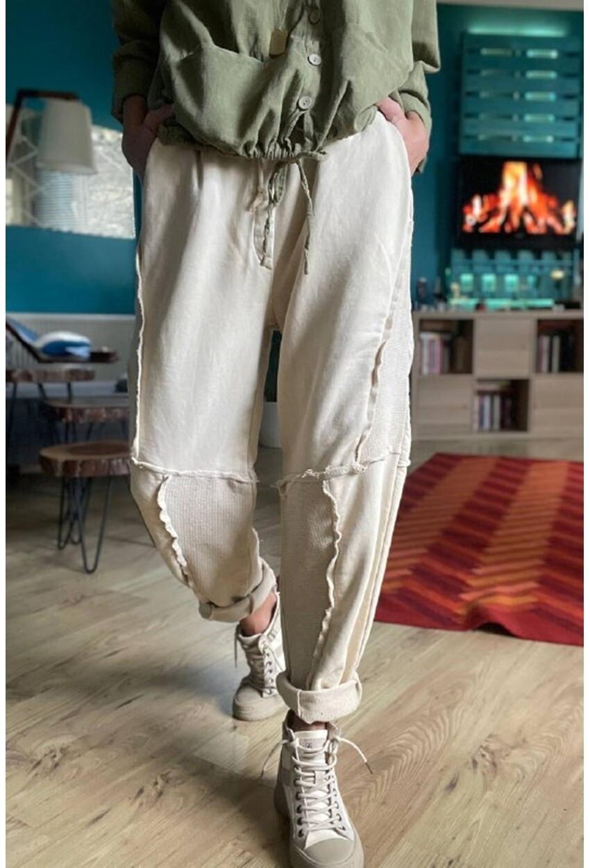 Kadın Bej Yıkamalı Lazer Dikişli Cepli Beli Lastikli Salaş Oversize Pantolon Rsd3058