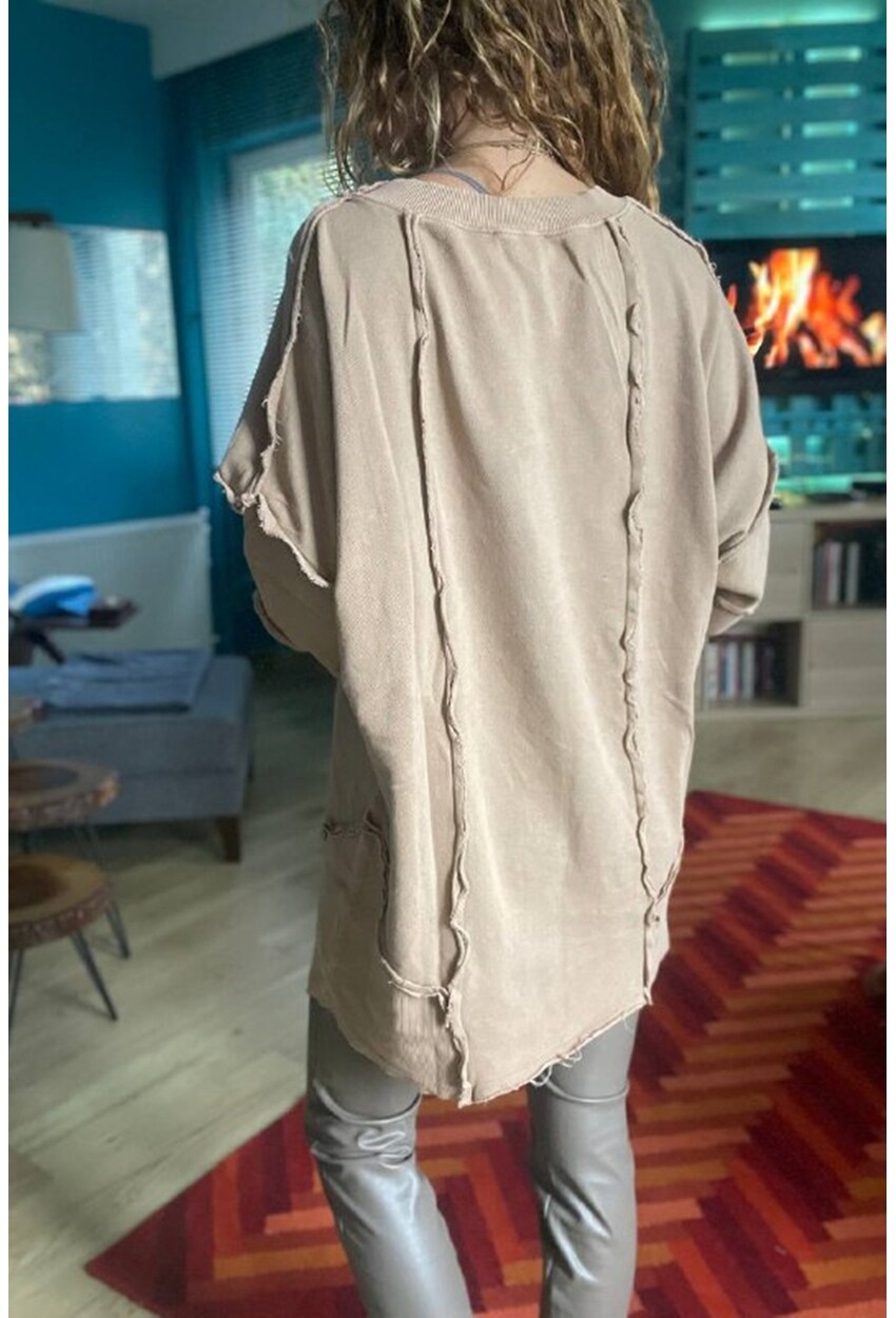 Kadın Bej Yıkamalı Lazer Dikişli Oversize Salaş Uzun Sweatshirt Rsd3057