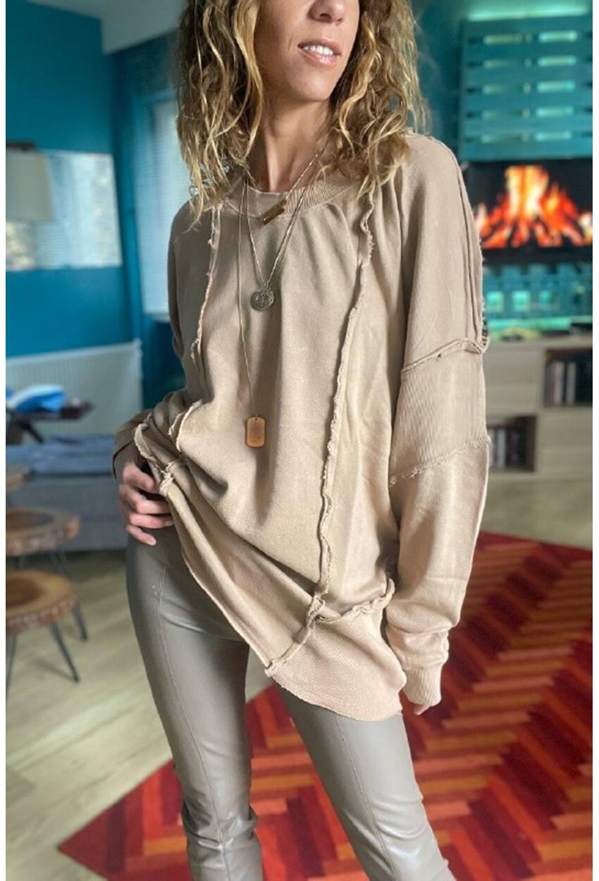 Kadın Bej Yıkamalı Lazer Dikişli Oversize Salaş Uzun Sweatshirt Rsd3057