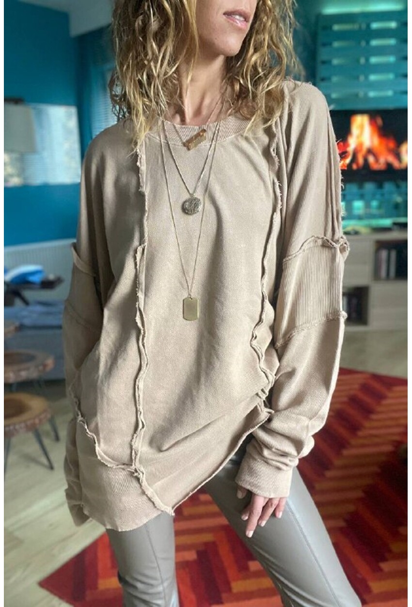 Kadın Bej Yıkamalı Lazer Dikişli Oversize Salaş Uzun Sweatshirt Rsd3057