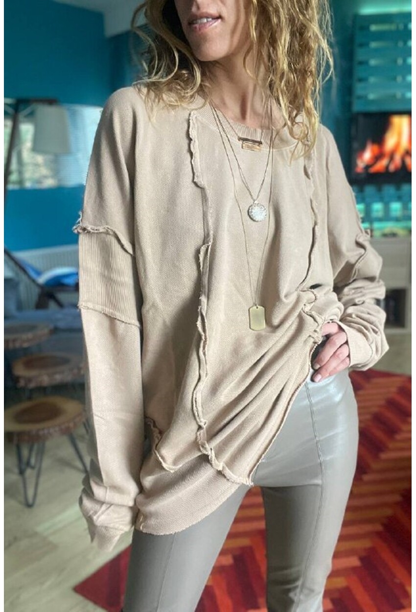 Kadın Bej Yıkamalı Lazer Dikişli Oversize Salaş Uzun Sweatshirt Rsd3057