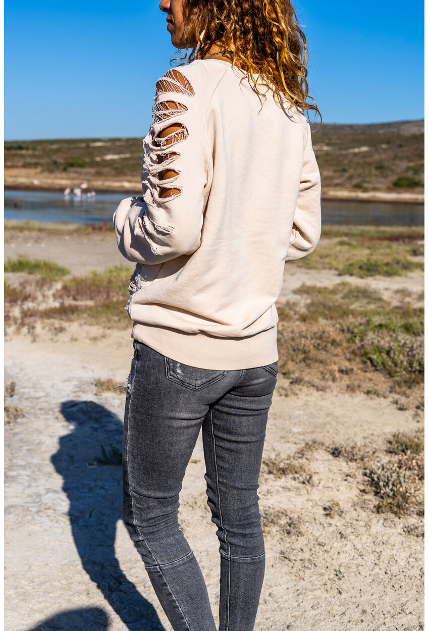 Kadın Bej Yıkamalı Yırtıklı Pul İşlemeli Sweatshirt Rsdy110