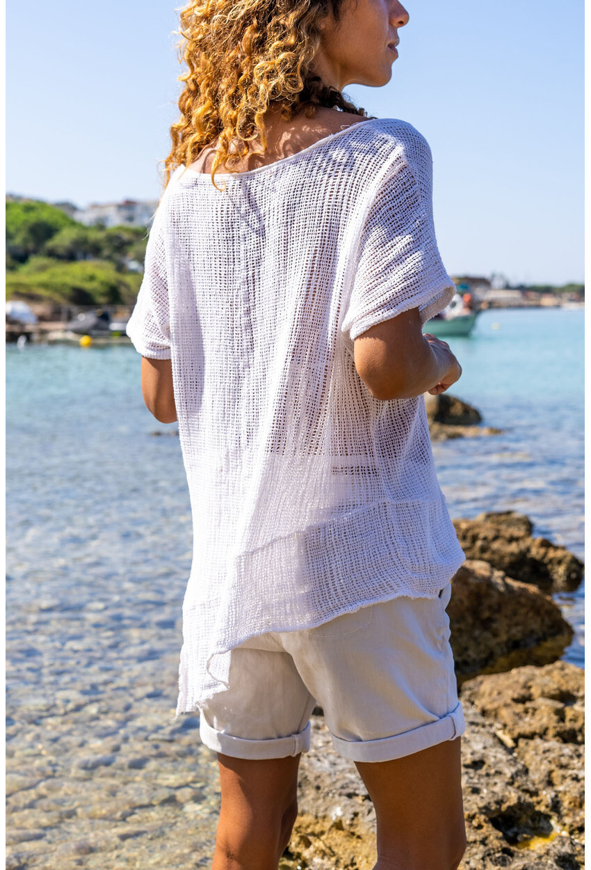 Womens White Asymmetric Cut Fishnet Loose Blouse Rsd3031