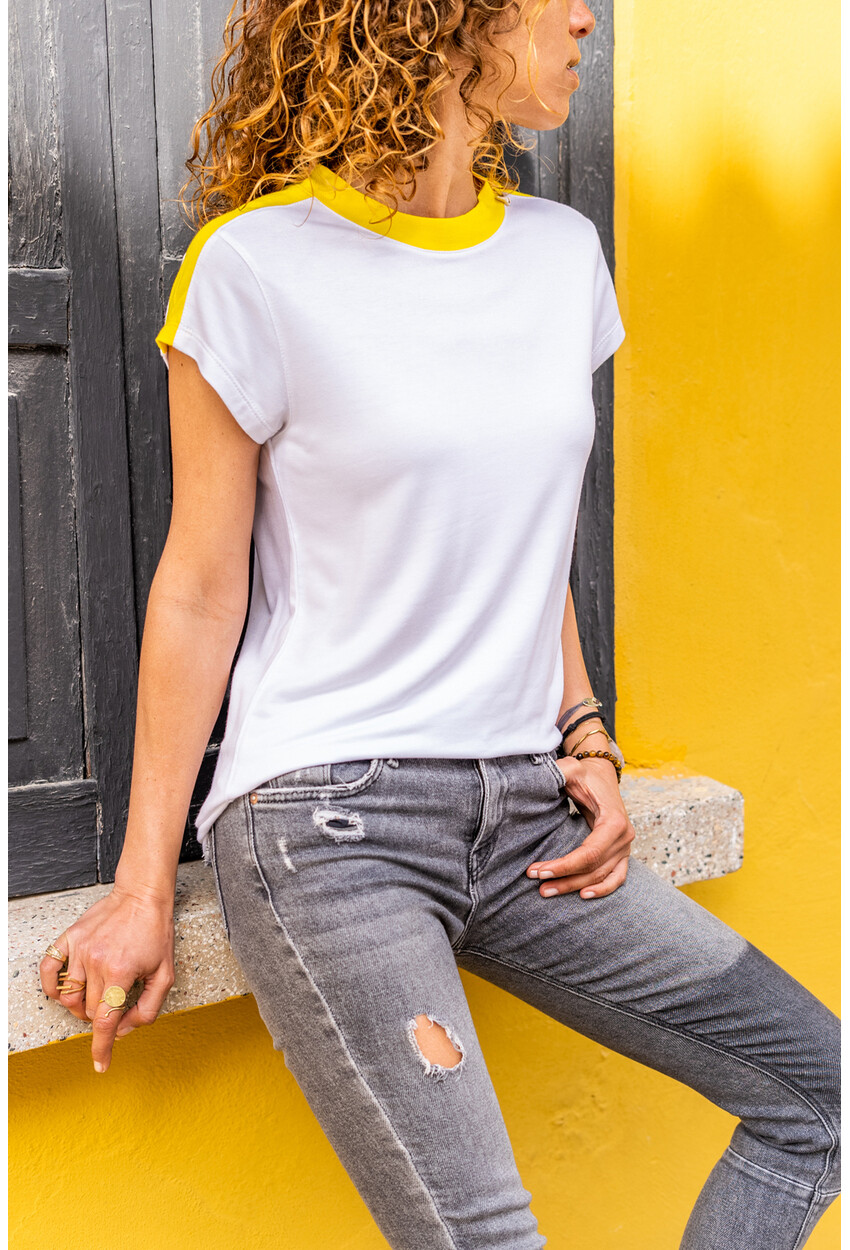 Beyaz Color Block Omzu Garnili T-Shirt Bst3229
