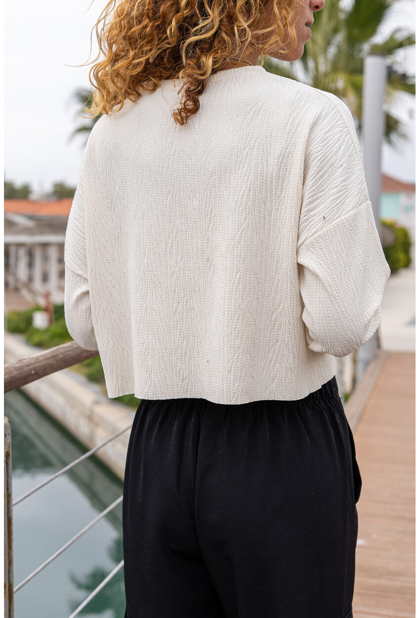 Kadın Beyaz Kendinden Dokulu Cepli Crop Salaş Sweatshirt Bst3321