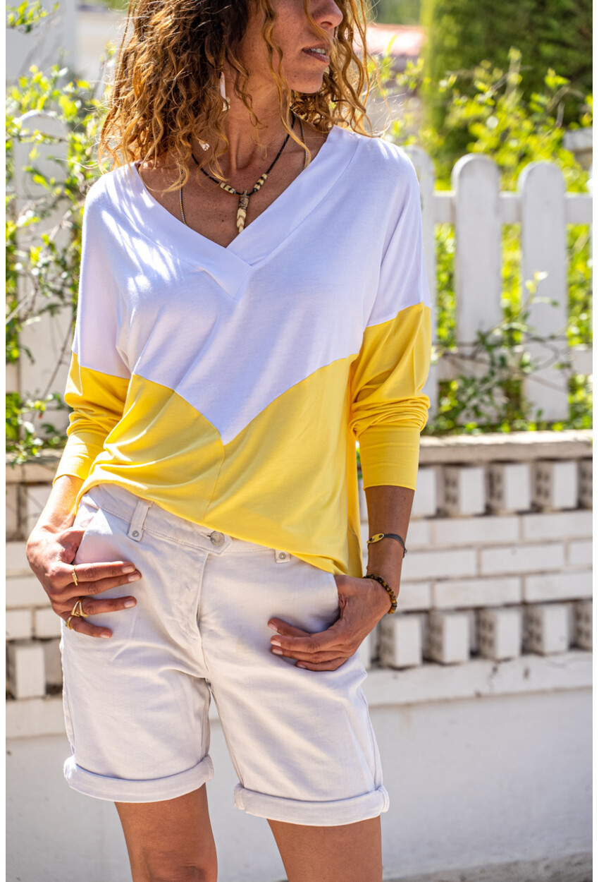 Kadın Beyaz-Sarı V Yaka Color Block Yumuşak Dokulu Salaş Bluz Bst3167