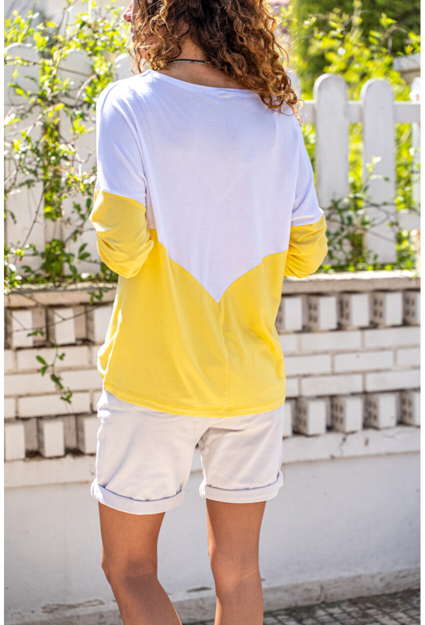 Kadın Beyaz-Sarı V Yaka Color Block Yumuşak Dokulu Salaş Bluz Bst3167