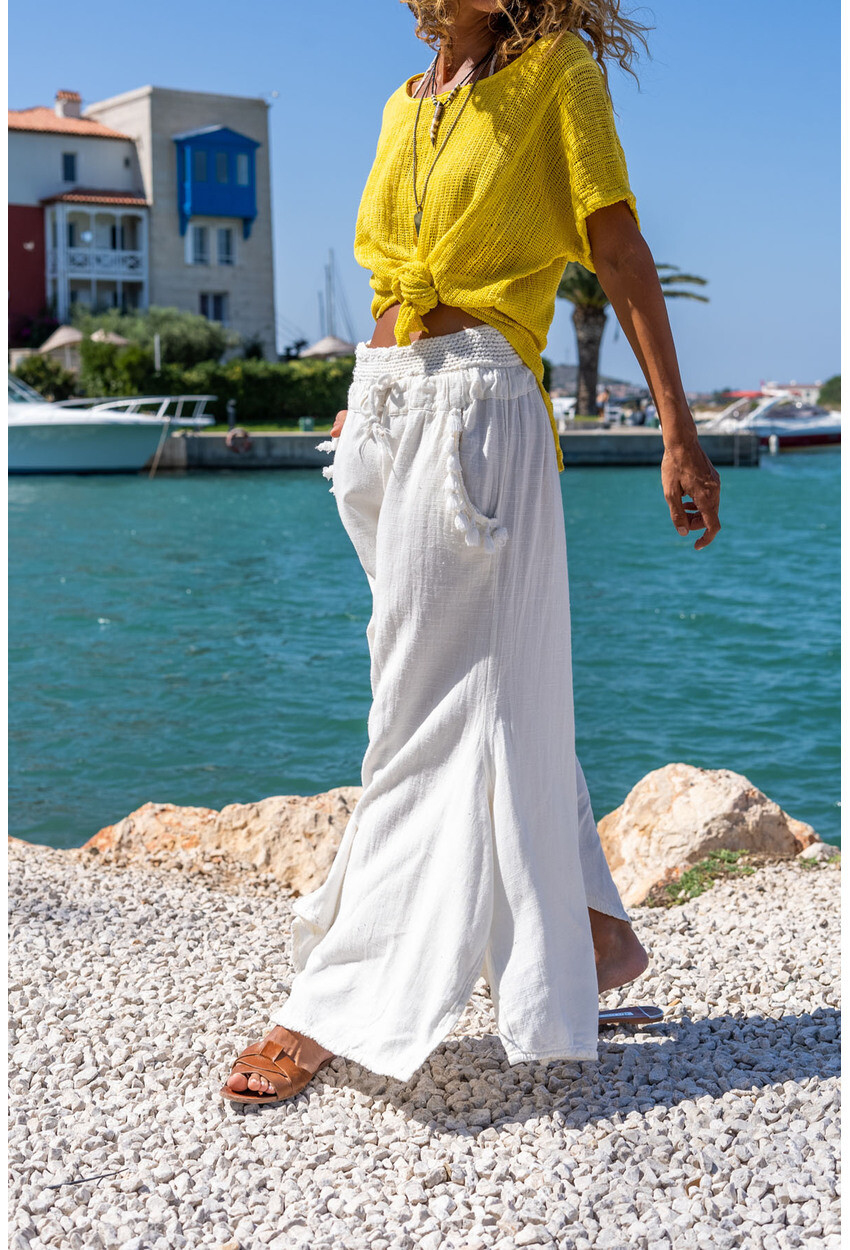 Kadın Beyaz Yıkamalı Keten Beli Lastikli Paçası Asimetrik Kesim Püsküllü Salaş Pantolon Rsd3032