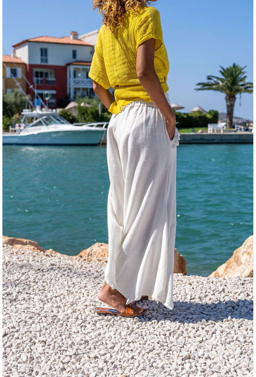Kadın Beyaz Yıkamalı Keten Beli Lastikli Paçası Asimetrik Kesim Püsküllü Salaş Pantolon Rsd3032
