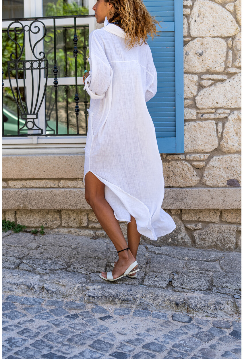 Womens White Washed Linen Half-Pleated Dress With Pockets Rsd2083