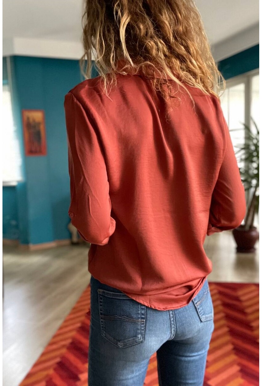 Kadın Bordo Gizli Pat Saten Gömlek Bst3211