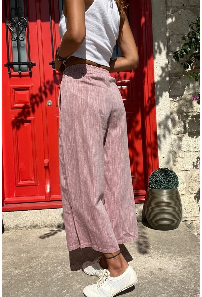 Bordo Keten Beli Lastikli Cepli Paçası Yırtmaçlı Salaş Kapri Pantolon Bst3404