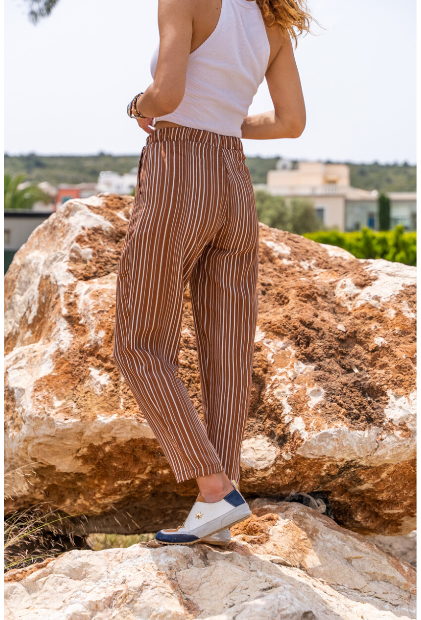 Bronz Duble Paça Çizgili Dokulu Pantolon Bst3277