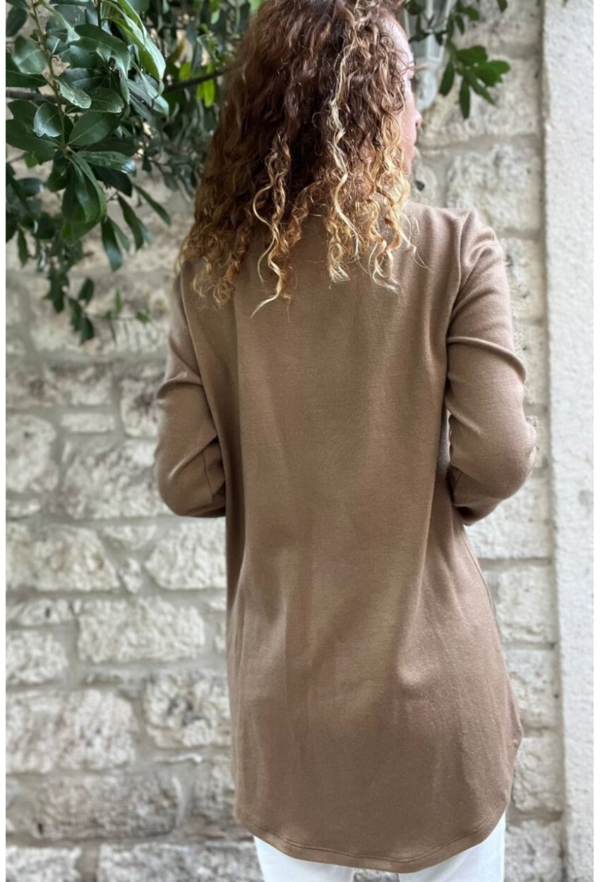 Kadın Bronz Şal Yaka Asimetrik Kesim Düğmeli Salaş Hırka Bst3328