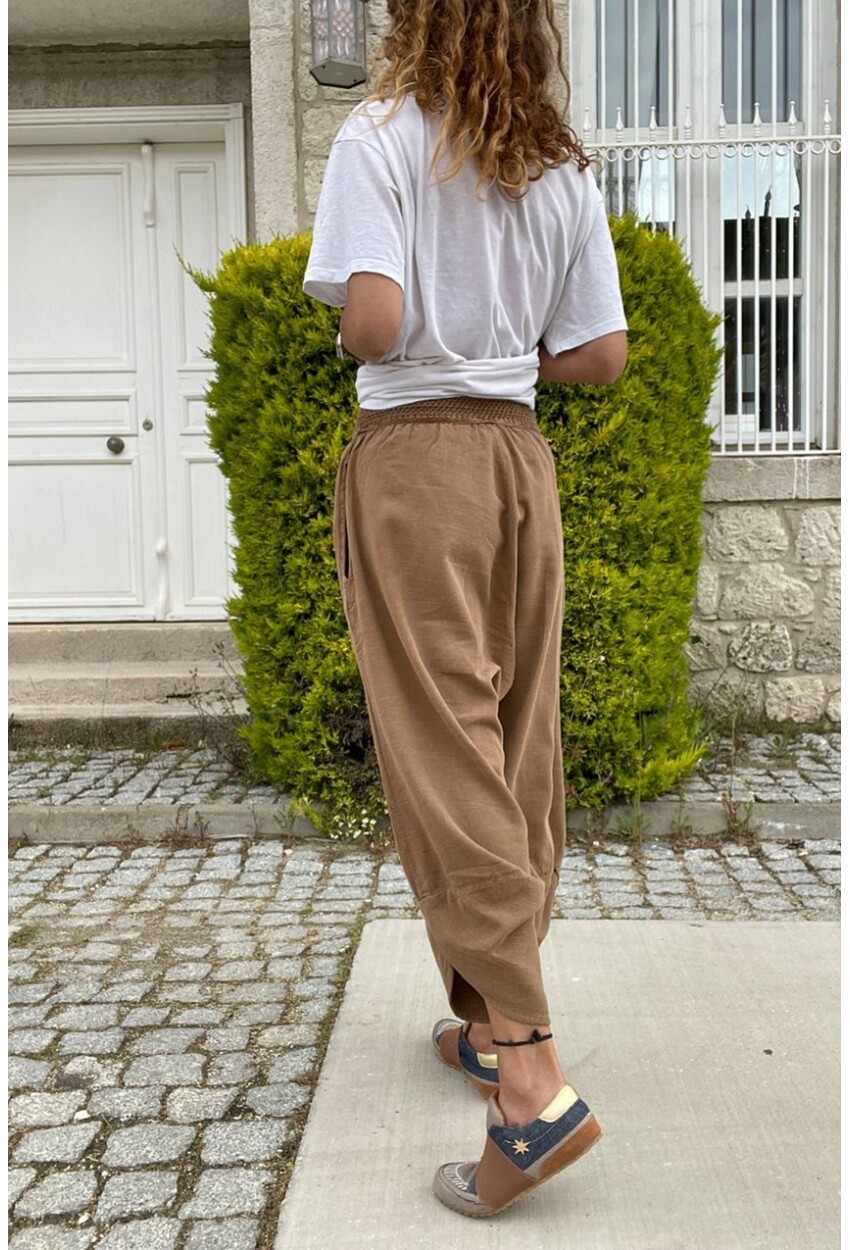 Bronz Yıkamalı Keten Cepli Beli Lastikli Şalvar Pantolon Rsd58048