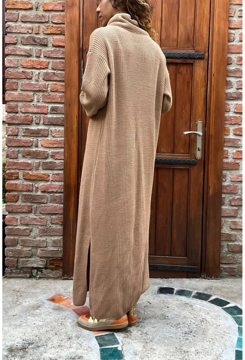 Kadın Bronz Yırtmaçlı Salaş Uzun Panço Elbise Cck95007