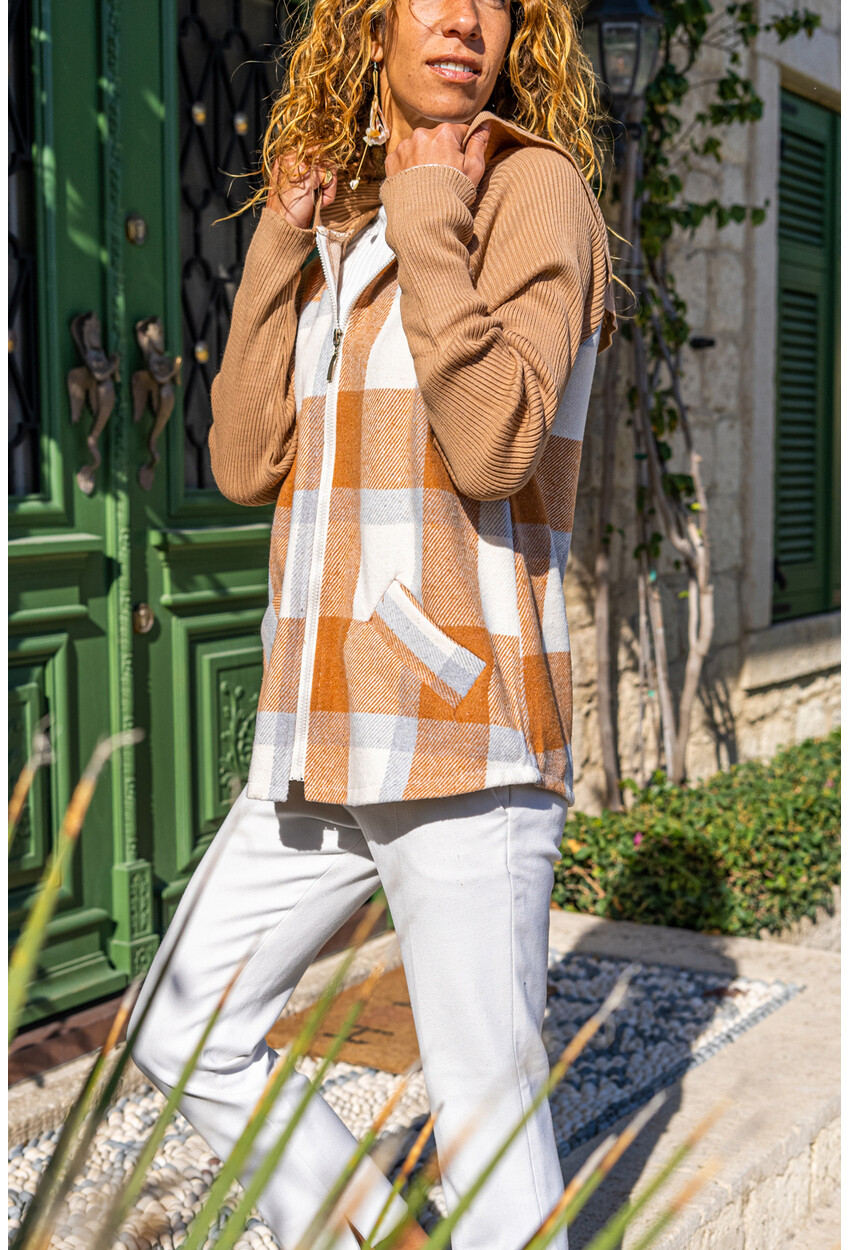 Kadın Camel Cepli Kapüşonlu Raglan Kol Ekose Ceket Hırka GK-BST3194